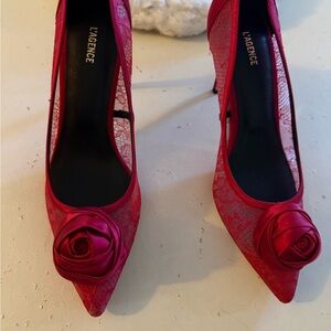 L'AGENCE Scarlet Lace Heels with Floral Accent